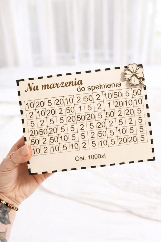 🍀 Skarbonka wykreślanka 1000 zł z koniczynką na szczęście | Personalizowana skarbonka z grawerem